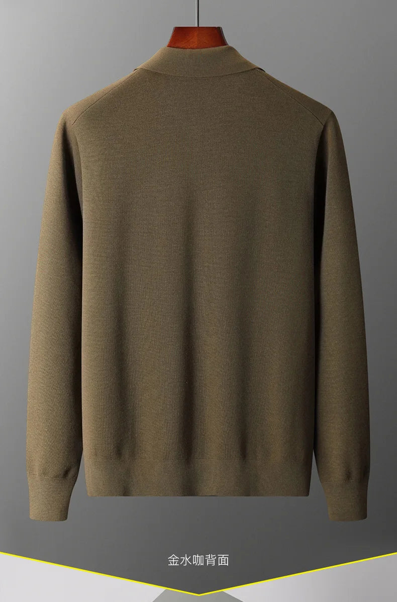 Men's Cardigan 100% Pure Cashmere Jacket Zippered Lapel Knit Sweater, Loose Thickened Long Sleeved Business Casual Autumn Winter