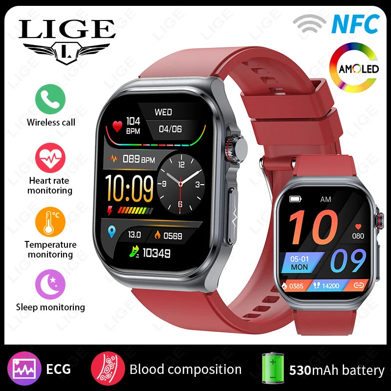 LIGE New ECG+PPG Smart Watch Micro Physical Examination Blood Lipids Uric Acid NFC Bluetooth Call Health Smartwatch Men Women