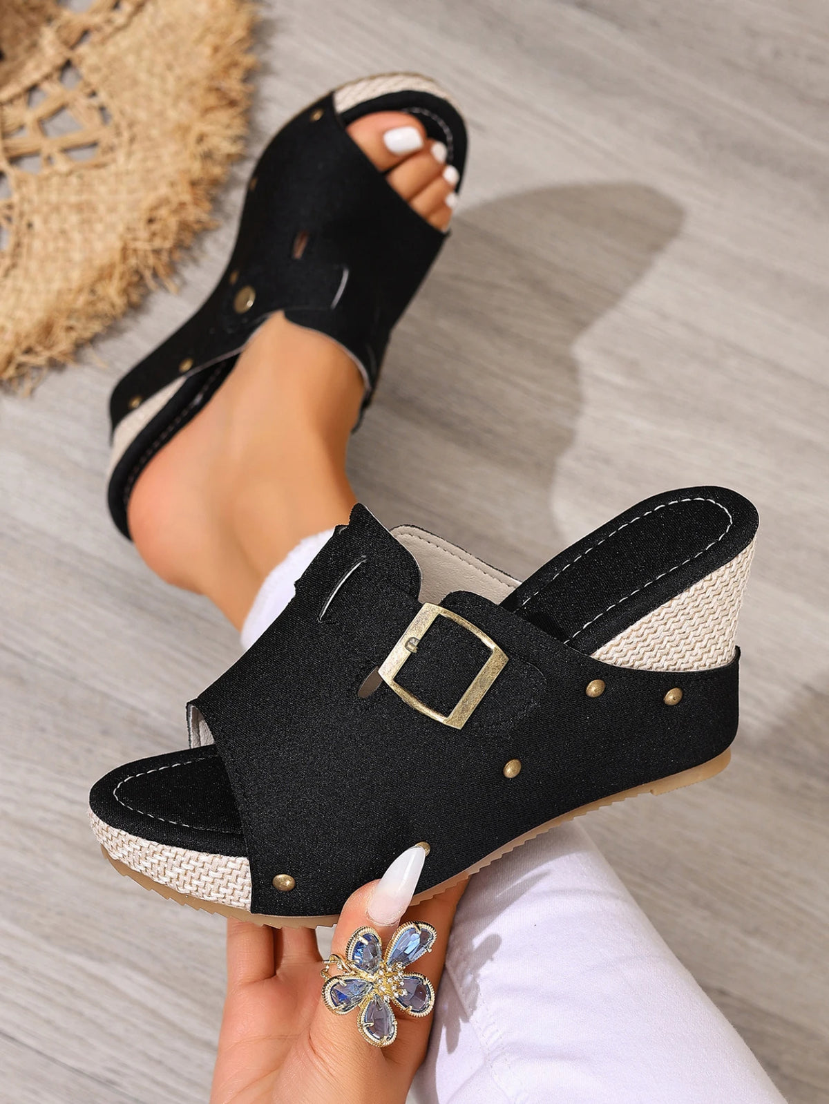 Summer Women's Espadrille Wedge Mules Black White Adjustable Buckle Open Toe Platform Sandals Rivet Decor Casual Slip-On Shoes
