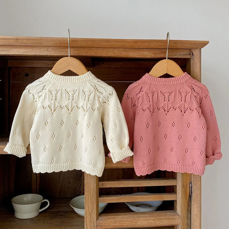 Autumn Winter Newborn Baby Girls Knitting Cardigan Solid Color Hollowed Out Toddler Girls Sweater Coat Baby Knitted Clothing