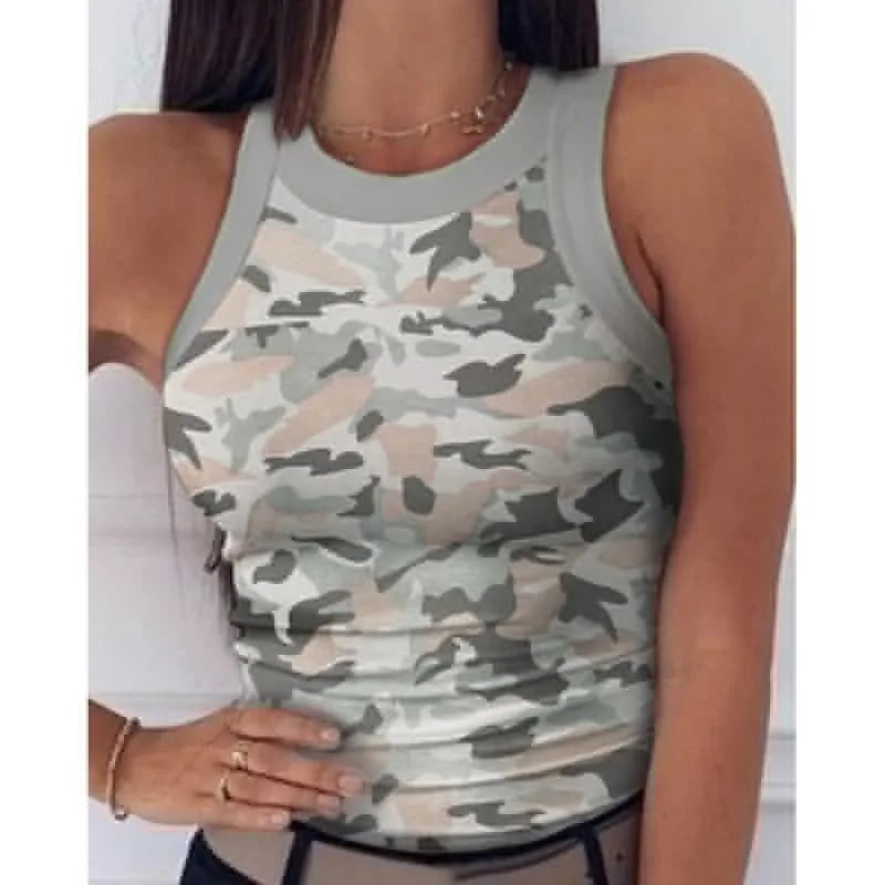 Women's Clothing Tops Tanks Camis Digital Printed Round Neck I-Shaped Vest Sexy Summer Striped Sleeveless Vest for Women Vests