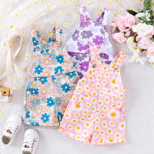 Monos de moda para niños pequeños y niñas, monos con estampado de flores, sin mangas, con tirantes, botones y bolsillos, monos cortos de verano para niños