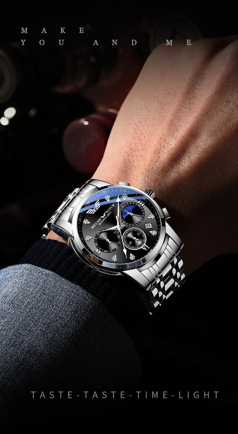 BELUSHI Men Watches Top Brand Luxury Fashion Chronograph Clock Sports Quartz Men Watch Full Steel Waterproof Luminous Wristwatch