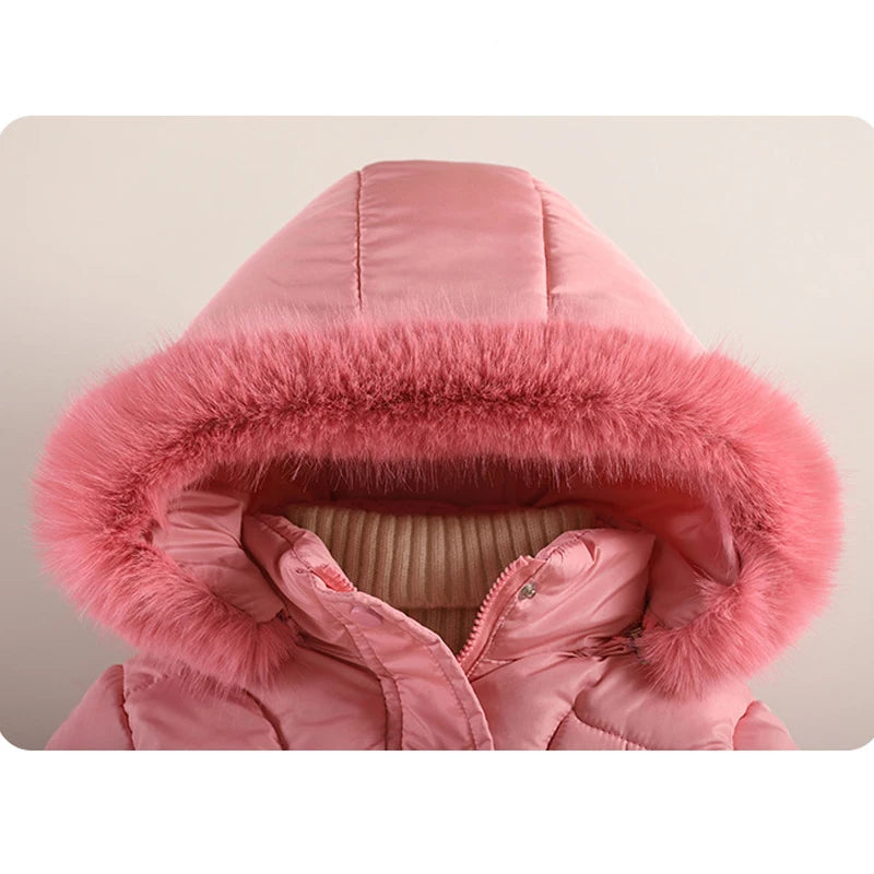 2025 Winter New Girls Jacket Long Solid Color Lining Berber Fleece Thick Warm Hooded Parka For 4-10Y Girls Bow Fashion Snowsuit