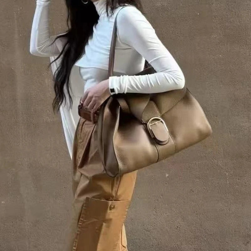 2026 Luxury Brand Genuine Leather Women Shoulder Bags Fashion Gold Buckle Women Handbags Top Quality Solid Crossbody Bags Woman