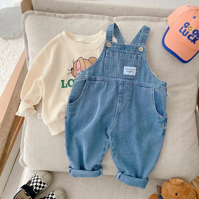 Nuevo Otoño niños Denim mono niño niño niña bolsillo suelto tirantes pantalones largos Jeans moda monos ropa