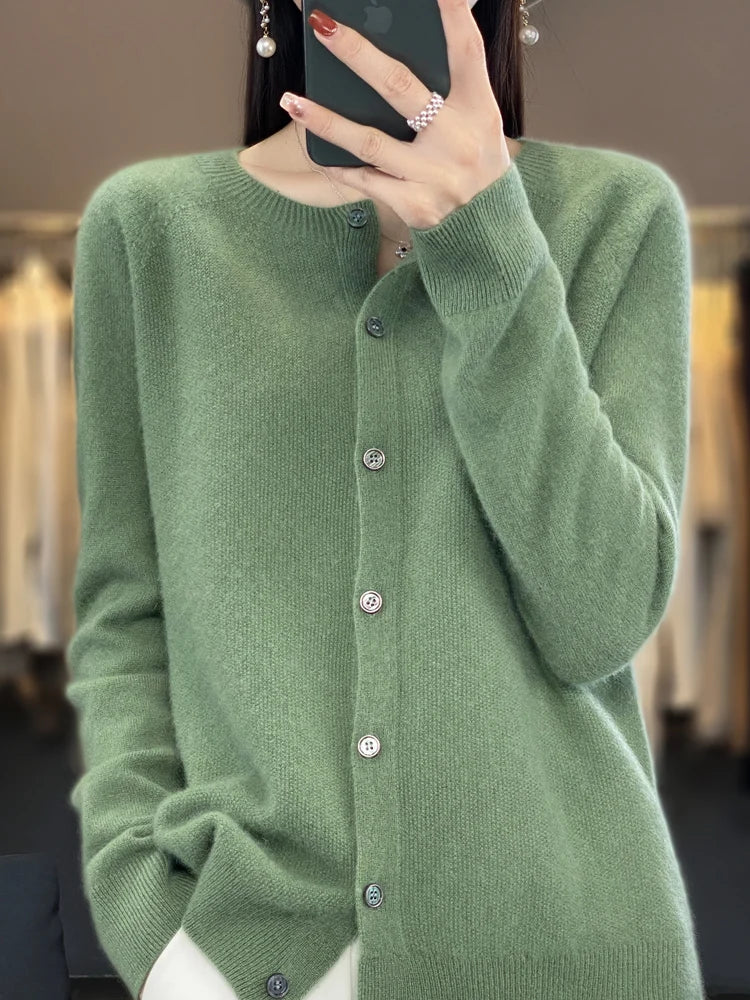 Women Cashmere Sweater 100% Merino Wool Knitted Cardigan Autumn Winter  Knitwear O-Neck Female  Solid Color Casual Fashion Top