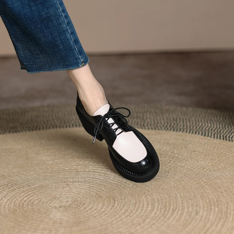 2024 New Spring Genuine Leather Women Shoes Casual Lace-up Loafers Round Toe Platform Shoes Shoes Woman Zapatos De Mujer Women