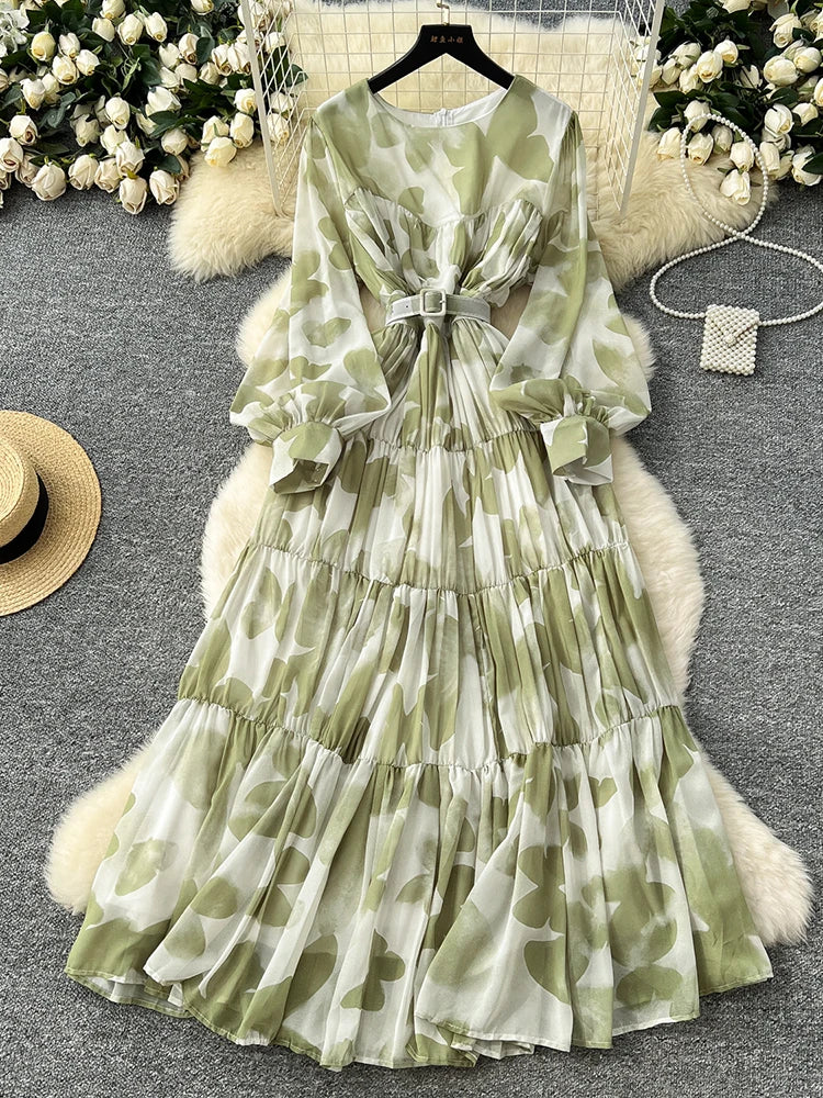 Spring Summer Women's Long Sleeved Printed Large Swing Dress New French Fashion Beach Style Cinched Round Neck Long Dress Y01