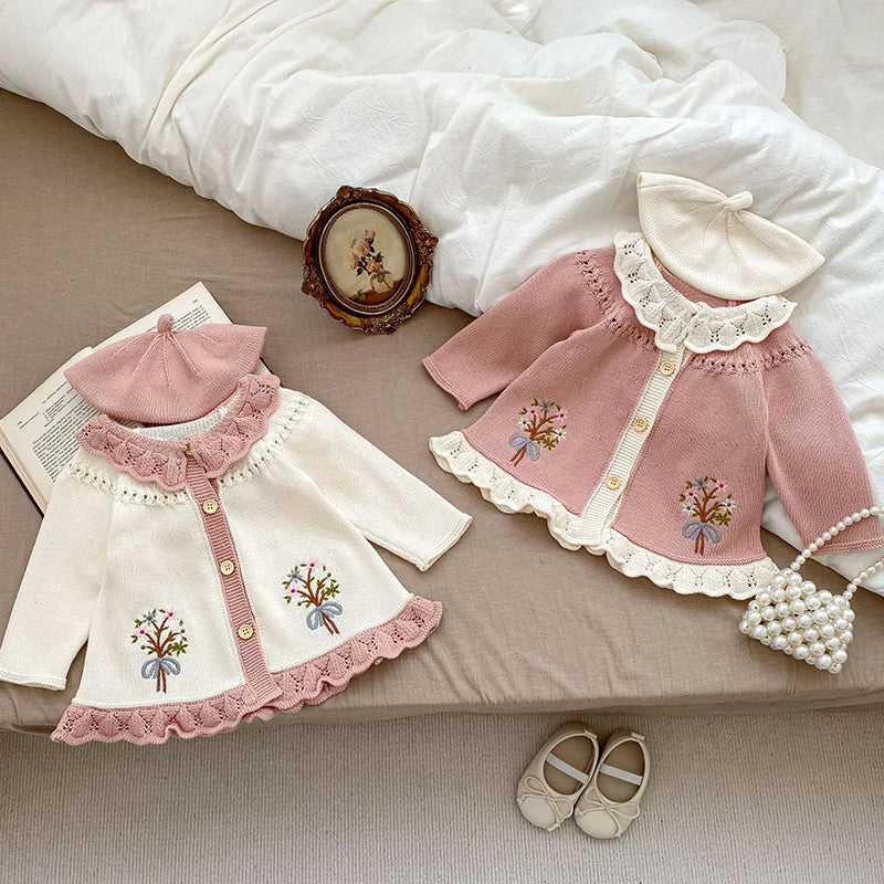 Suéteres de otoño para bebé, ropa para niña, Top de punto, cárdigan con solapa de encaje bordado, abrigo infantil de punto de manga larga, ropa para recién nacido