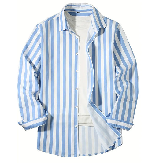 New Men's Long Sleeve Blue White Striped Shirt Fashion Standard-fit Button Down Shirts Blouse Men Hip-hop Streetwear Camisas