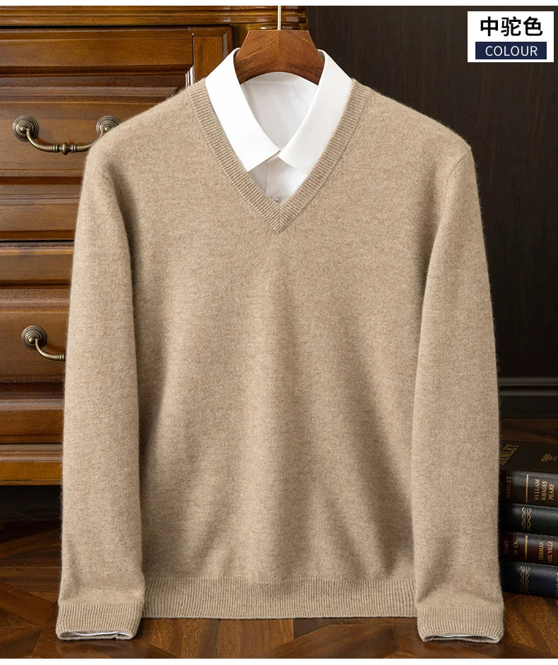 100% Cashmere Men's Pullover Casual Solid Color Knitted Sweater Loose Pull V-Neck Tops Basic Versatile Jumper