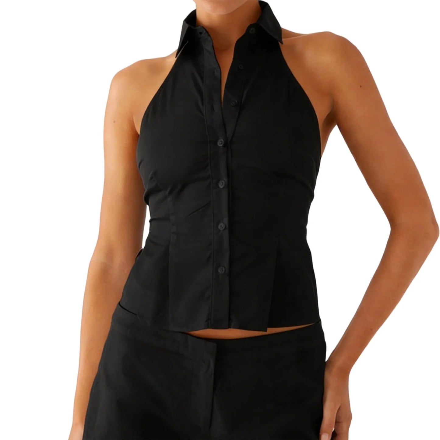Women Button up Halter Tops Summer Trendy Lapel Tie up Backless Shirts for Streetwear Aesthetic Grunge Clothes