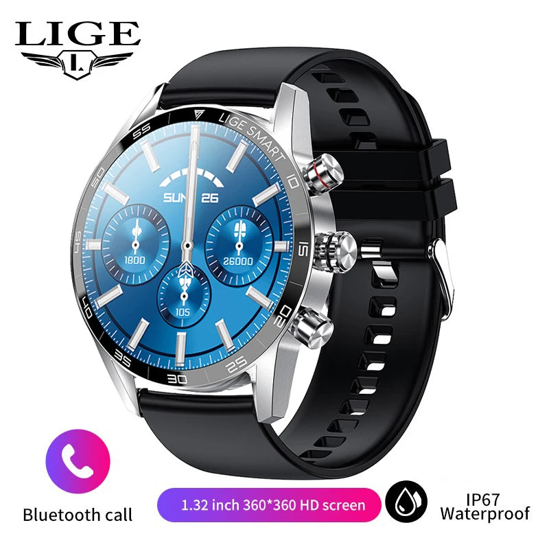 LIGE Men's Smart Watch Bluetooth Connection AMOLED Screen Smartwatch Men IP68 Waterproof Voice Call Samrtwatches for Android iOS
