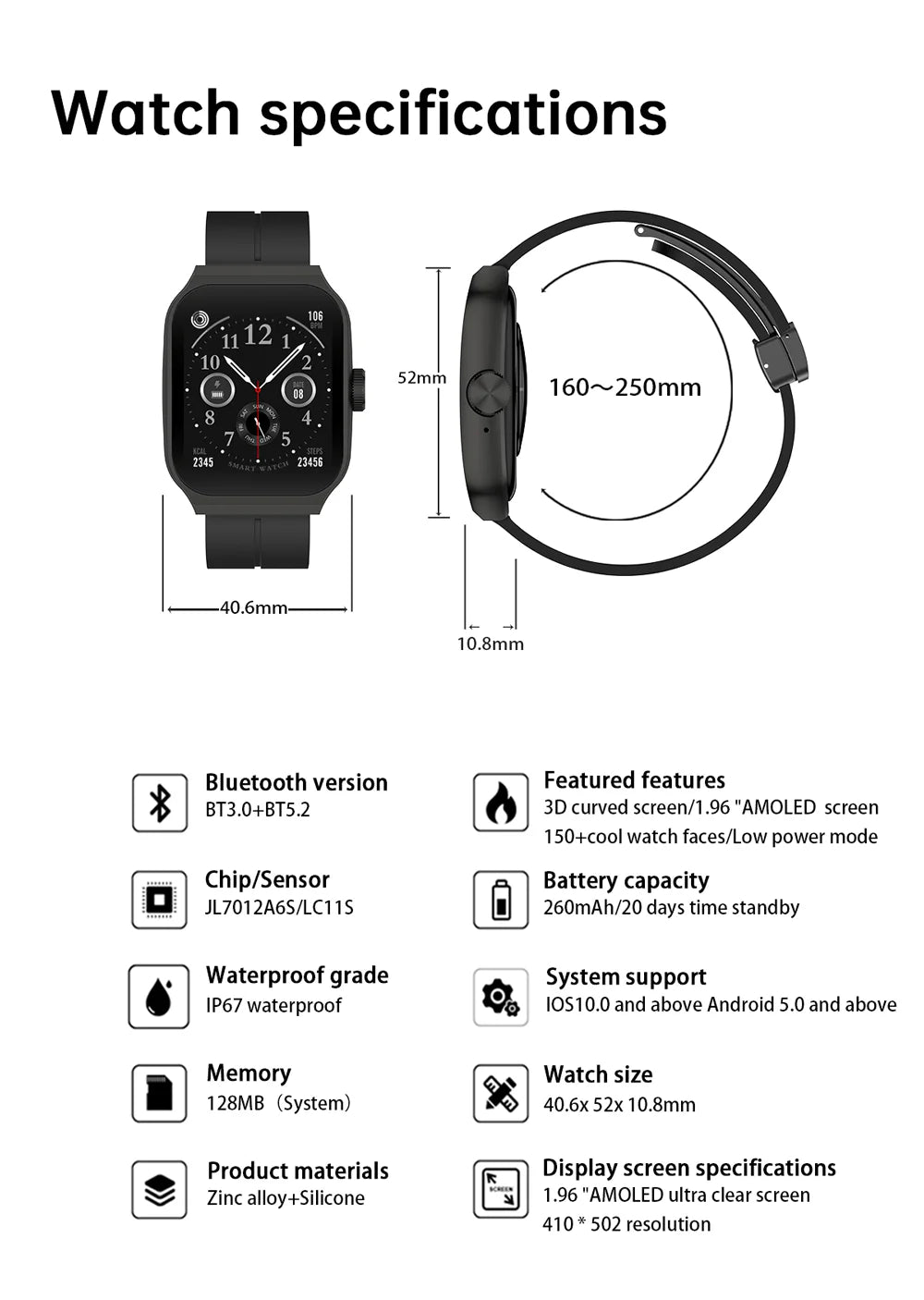 New AMOLED Smart Watch 1.96inch 3D Flexible Curved Screen Bluetooth Call Heart Rate NFC Waterproof Smartwatch For Android IOS