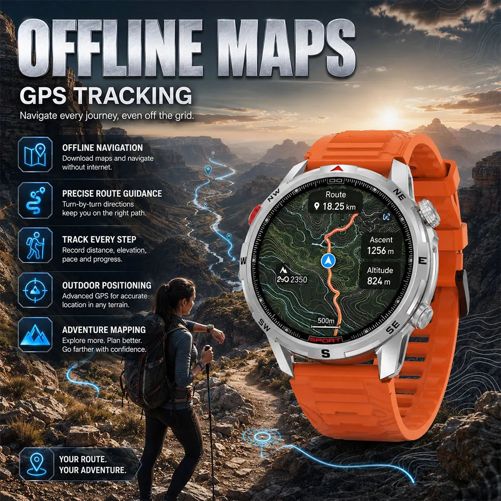 New Outdoor Smart Watch 1.43inch Screen 2GB Memory Map Navigation GPS Positioning 5ATM Waterproof LED Flashlight Smart Watch