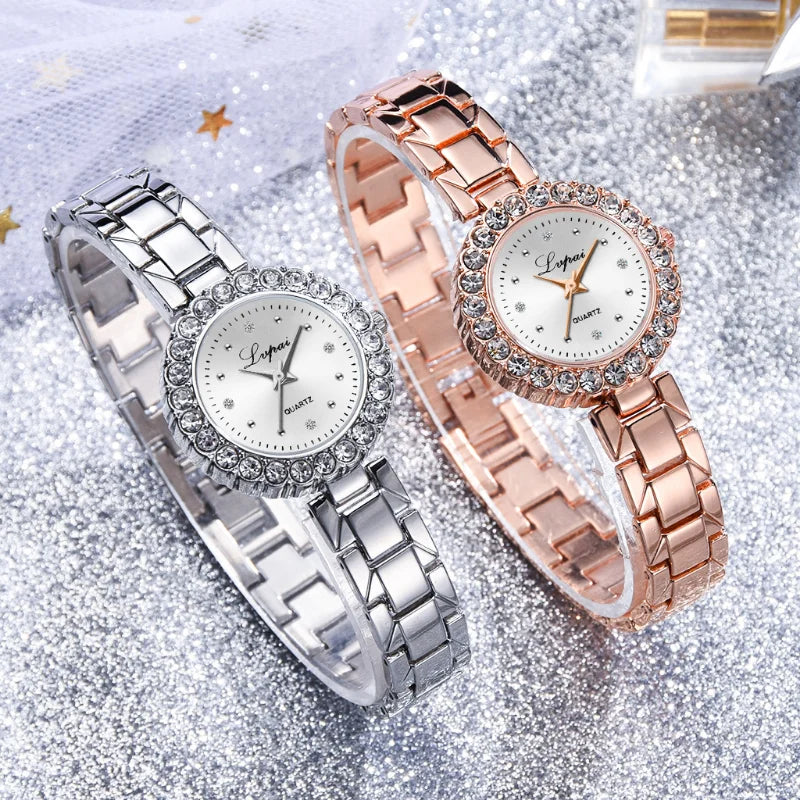 2PCS Set Luxury Alloy Bracelet Quartz Watch with Rhinestone Diamond Dial, Hidden Clasp for Women reloj mujer