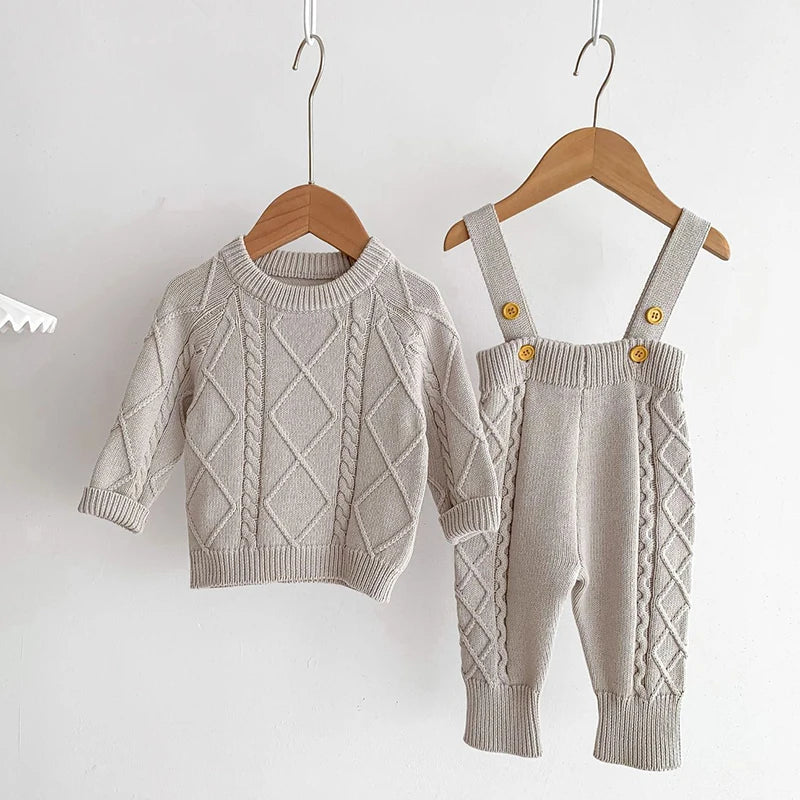 Otoño primavera estilo coreano recién nacido niñas niños Color sólido tejido ropa conjunto suéter general niños ropa traje