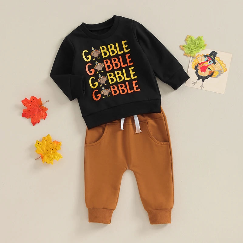 Toddler Baby Girl Boy Thanksgiving Outfits 3 6 9 12 18 24Month 2t 3t Long Sleeve Turkey Sweatshirt Top Pant Clothes Set