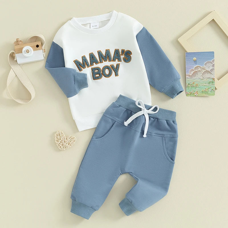 Toddler Baby Boy Outfit Casual Fuzzy Letter mamas boy Sweatshirt Pant Set  Long Sleeve Infant Clothes