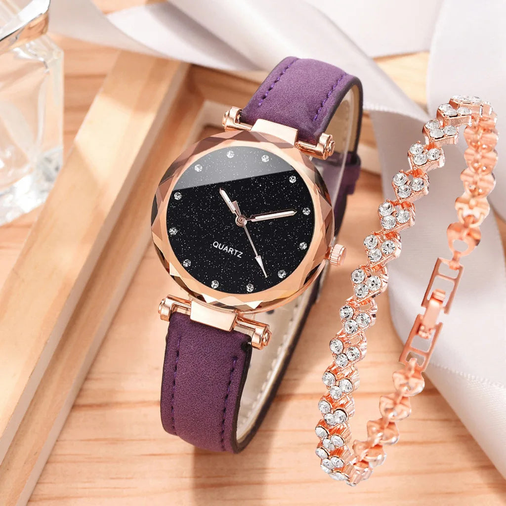 2pcs Luxury Fashion Women Watch Set PU Leather Strap Ladies Quartz Wristwatch Rhinestone RoseGold Alloy Bracelet For Ladies Gift