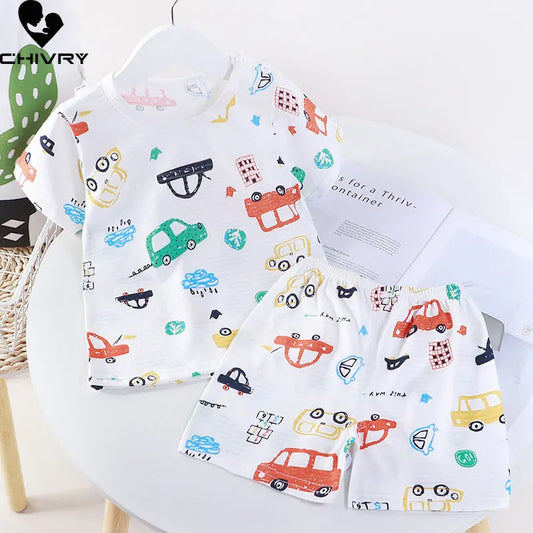 Kids Boys Girls Pajamas New 2023 Summer Thin Breathable Cartoon Short Sleeve O-Neck Tops with Shorts Baby Sleeping Clothing Sets