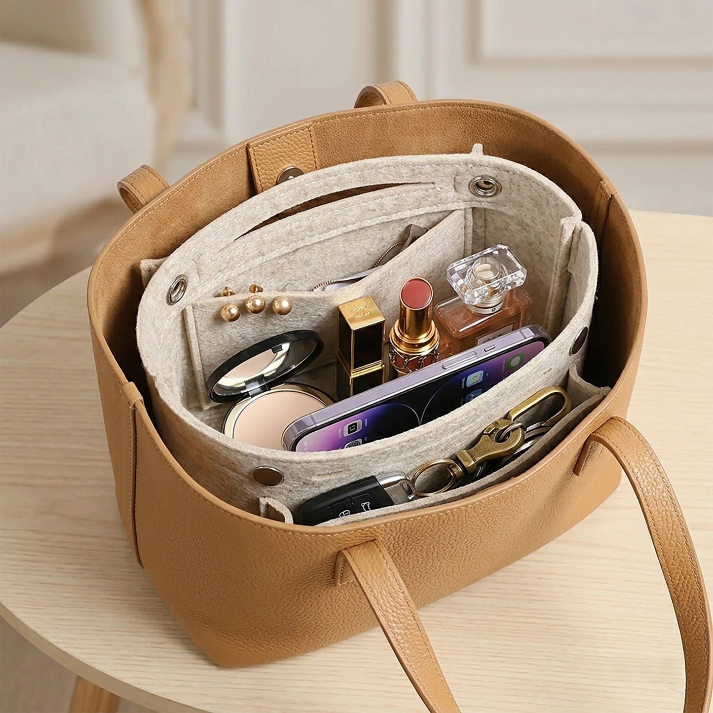 Mini Slim Felt Purse Organizer Insert with Snap Closure, Makeup Bag In Bag Shaper with Multi-Pockets for Handbag & Tote