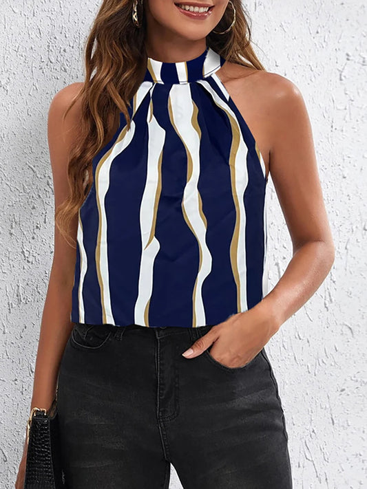 Womens Halter Neck Striped Tank Top Satin Regular Fit Top Elegant Tank Top Valentine Spring Summer Chic Tank Top Daily Light Top