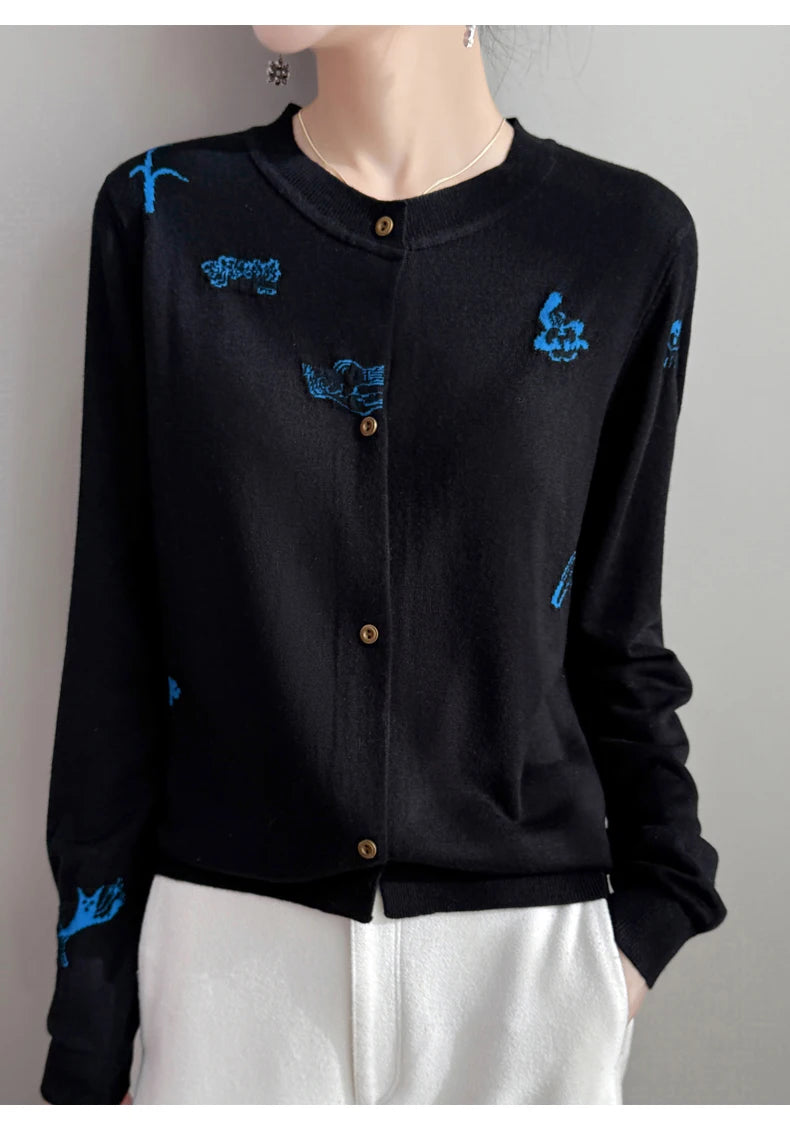 2025 New Merino Worsted Wool Women Sweater Spring Female Knitted Cardigan Long Sleeve Solid Clothing Tops Embroidery Outerwear