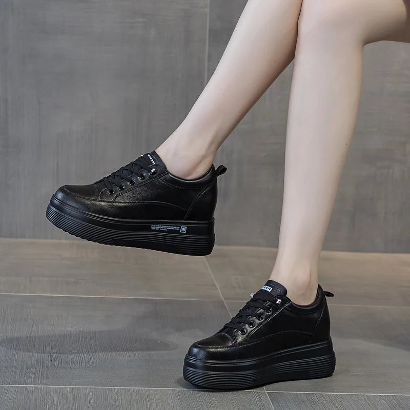 7cm Women Shoes Genuine Leather White Air Mesh Sneakers Chunky Shoes Platform Wedge Spring Autumn Breathable Summer Shoes 40