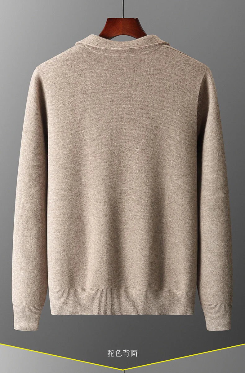 Men's Cardigan 100% Pure Cashmere Jacket Zippered Lapel Knit Sweater, Loose Thickened Long Sleeved Business Casual Autumn Winter