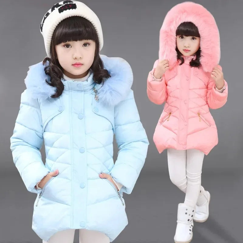 Winter Girls Jacket Solid Color Mid-Length Thicken Cold Protection Hooded Down Cotton Windbreaker Coats For 4-12 Years Old