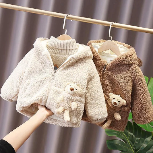 Chaqueta de invierno gruesa y cálida con capucha para niños, abrigos de peluche con oso bonito, ropa para niña pequeña