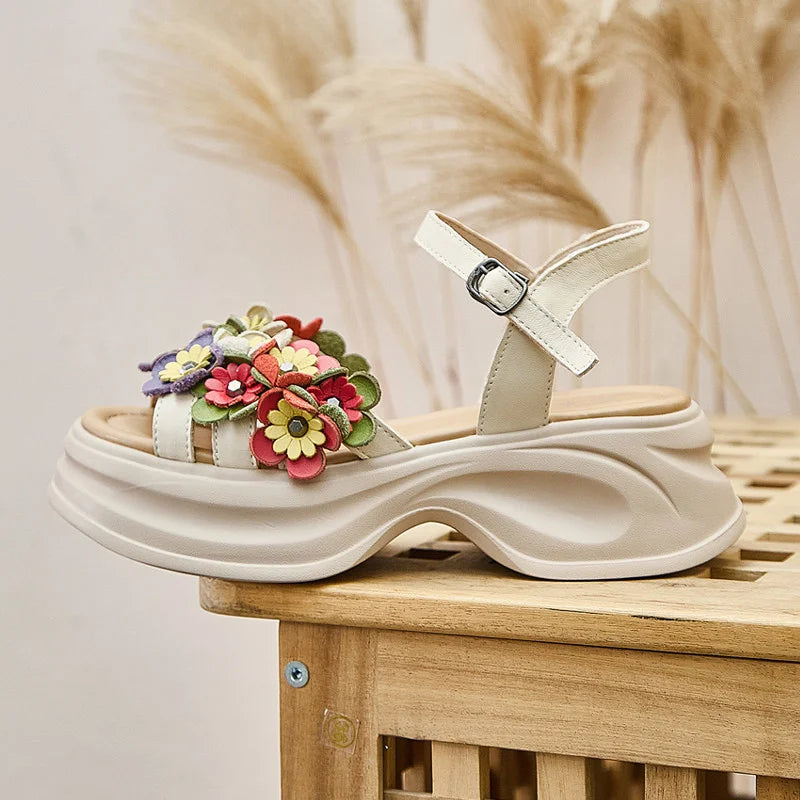 Summer Women's Flat Sandals Leather Mary Jane Ankle Strap Floral Beach Outdoor Platform 6cm Wedge Slipper