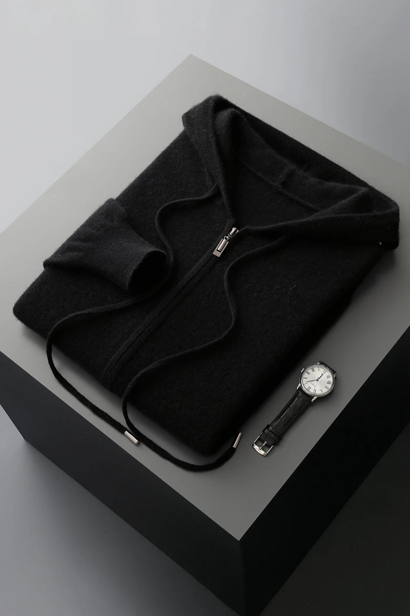 2025 New Men Knitted Plane Hooded Cardigan Cashmere Sweater Zipper Design Pocket Decoration High quality Thick Warmth Hoodie