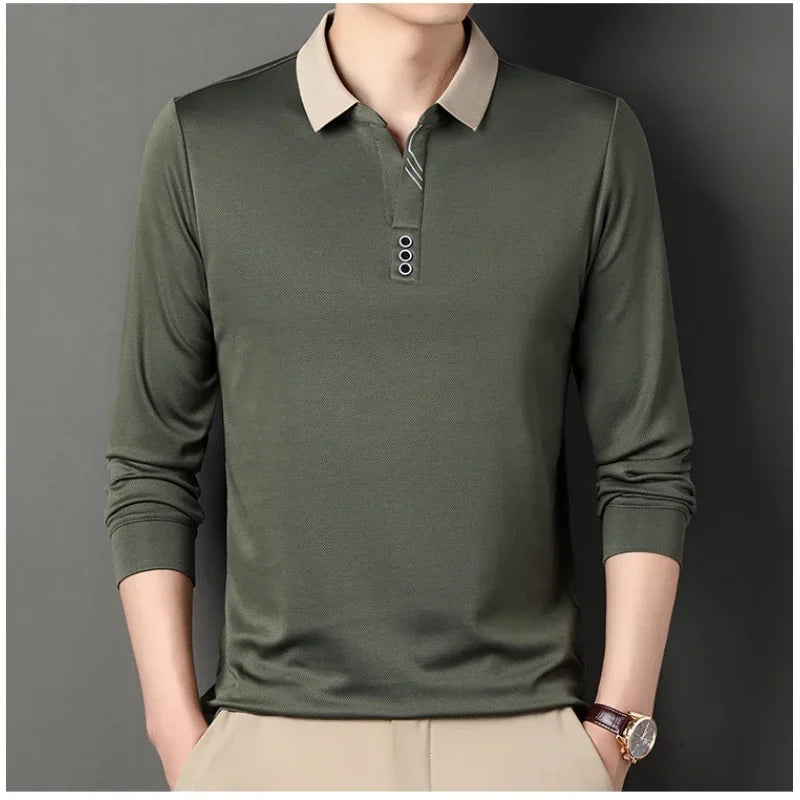 Waffle Men's Long Sleeve T-shirt Spring Lapel Business Casual Polo Shirt Elastic Base Shirt Top 2024 New