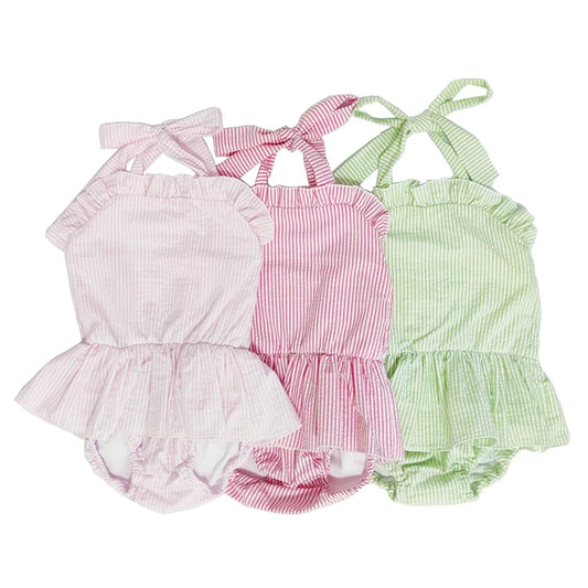 Ruffkids Seersucker Cute Ruffle Infant Swimsuit Bikini Summer Toddler Kids One Piece Beachwear Strap Baby Girls Swimwear