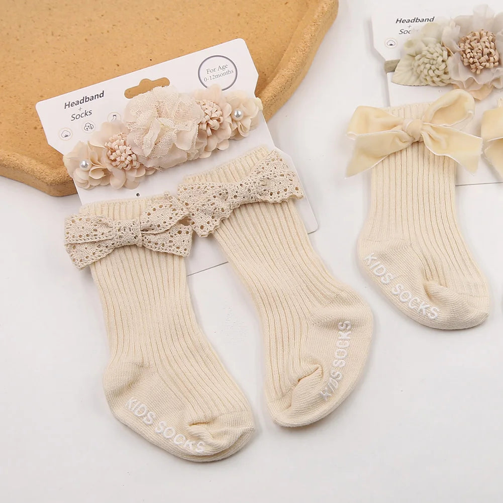 3Pcs/Set Ins Cream Color Latte Artificial Flower Headbands & Ribbed Short Socks Anti-Slip Cotton 0-12M Sockfor Infant Baby