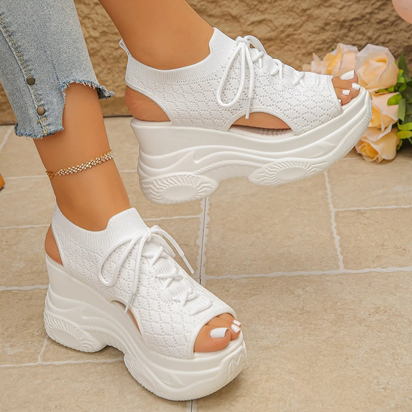 Women Sandals Non-slip Thick-soled Lace-up Casual Shoes for Women Summer Fashion Comfortable Sandals Round-toe Wedge Roman Shoes