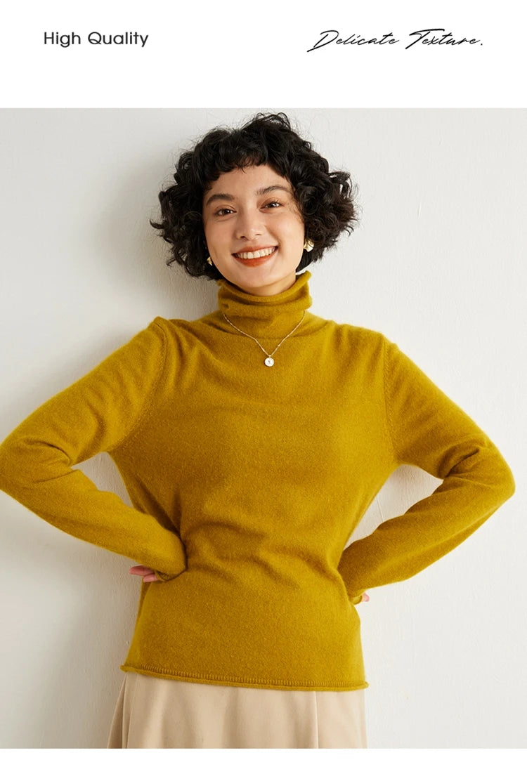 Women's 100% Cashmere Sweater Casual Solid Color Knitted Pullover Loose High Neck Jumper Autumn/Winter Warm Blouse Tops