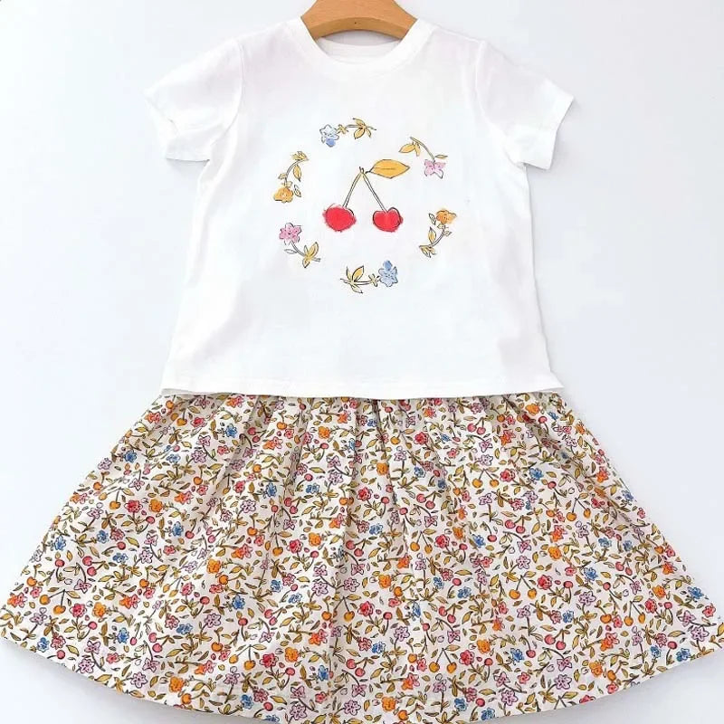 Pre-sale (Ship in Late March) 2024 BP Summer Cherry Skirt Girl Print T-shirts & Pants Suit Kid Boutique Clothes Girls Cherry Top