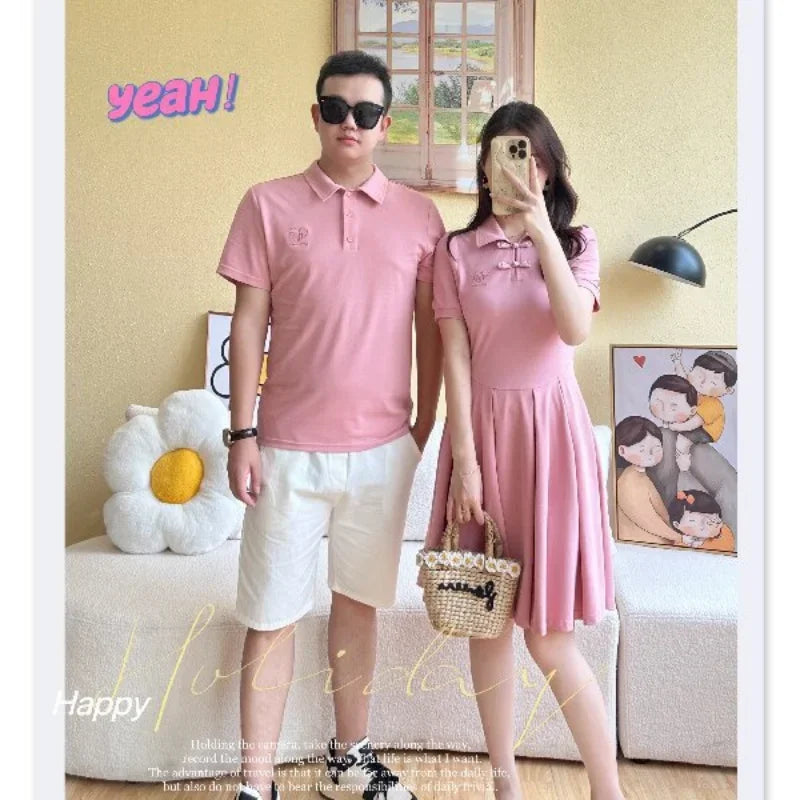 Family Set Clothes Chinese Mother and Daughter Matching Pink Dress Parent-child Outfit for Father and Son Clothes Women Dresses