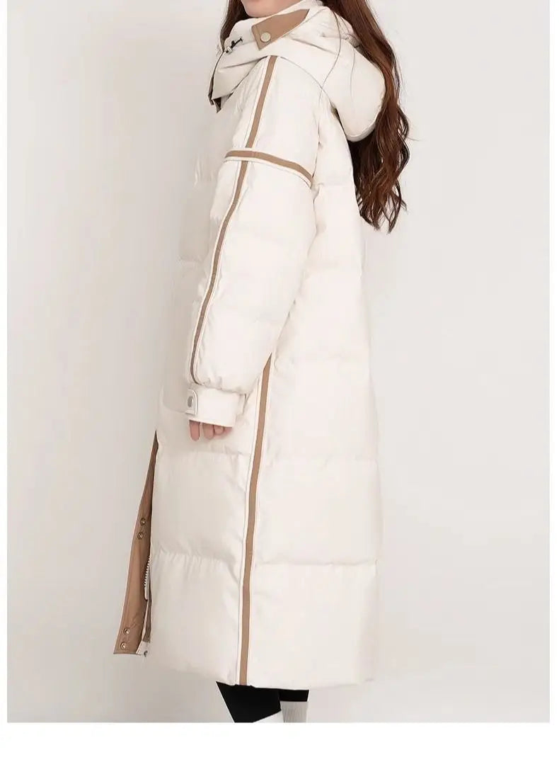 Winter Color-matched Plaid Hooded Casual Knee-length Down Jacket