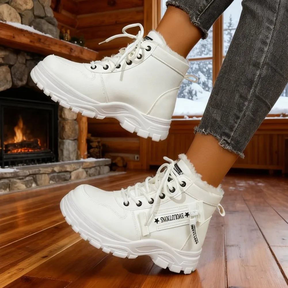 Women's Winter Snow Boots Warm Plush Lined Lace Up Chunky Platform Sneaker Booties Side Zipper Outdoor Walking Shoes for Ladies