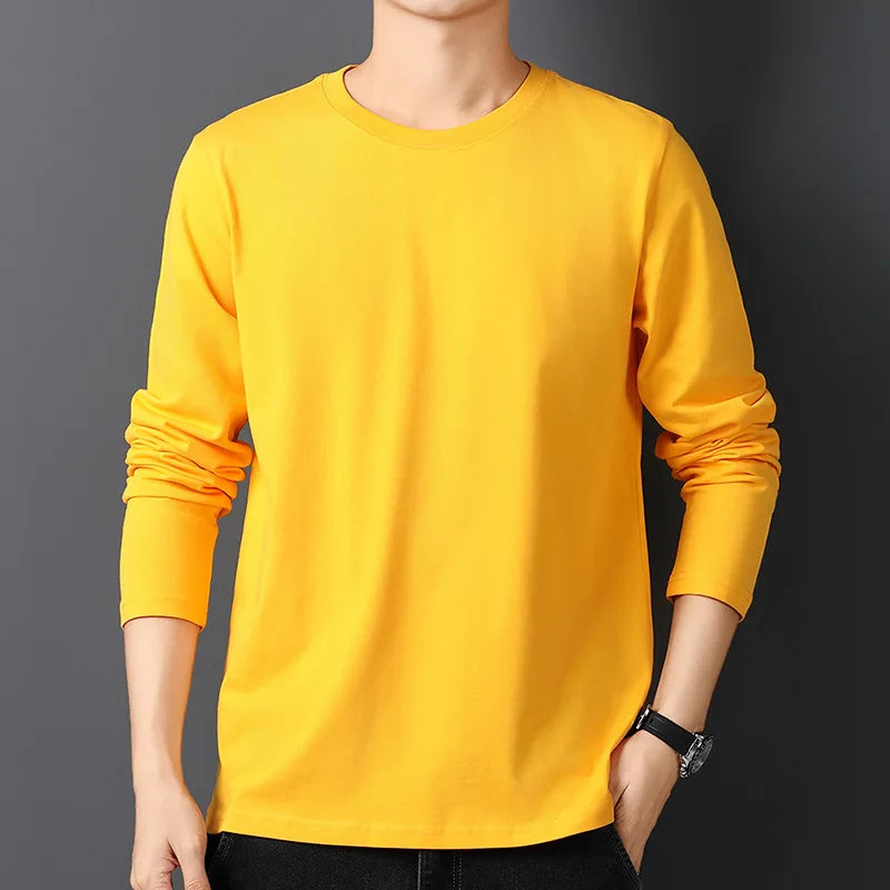 Spring Autumn 100% Cotton T-Shirts Men Solid Round Neck Long Sleeve Casual Tshirt Male Comfortable Breathable Korean Slim Tees