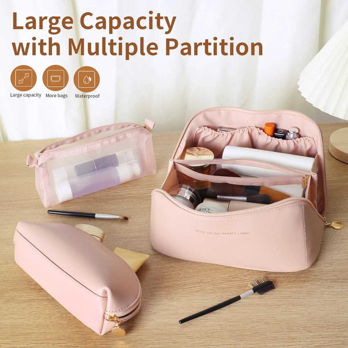 Travel Makeup Bag, Large Capacity Cosmetic Organizer Bags for Women, Waterproof PU Leather Toiletry Bags Wide Open Flat Makeup