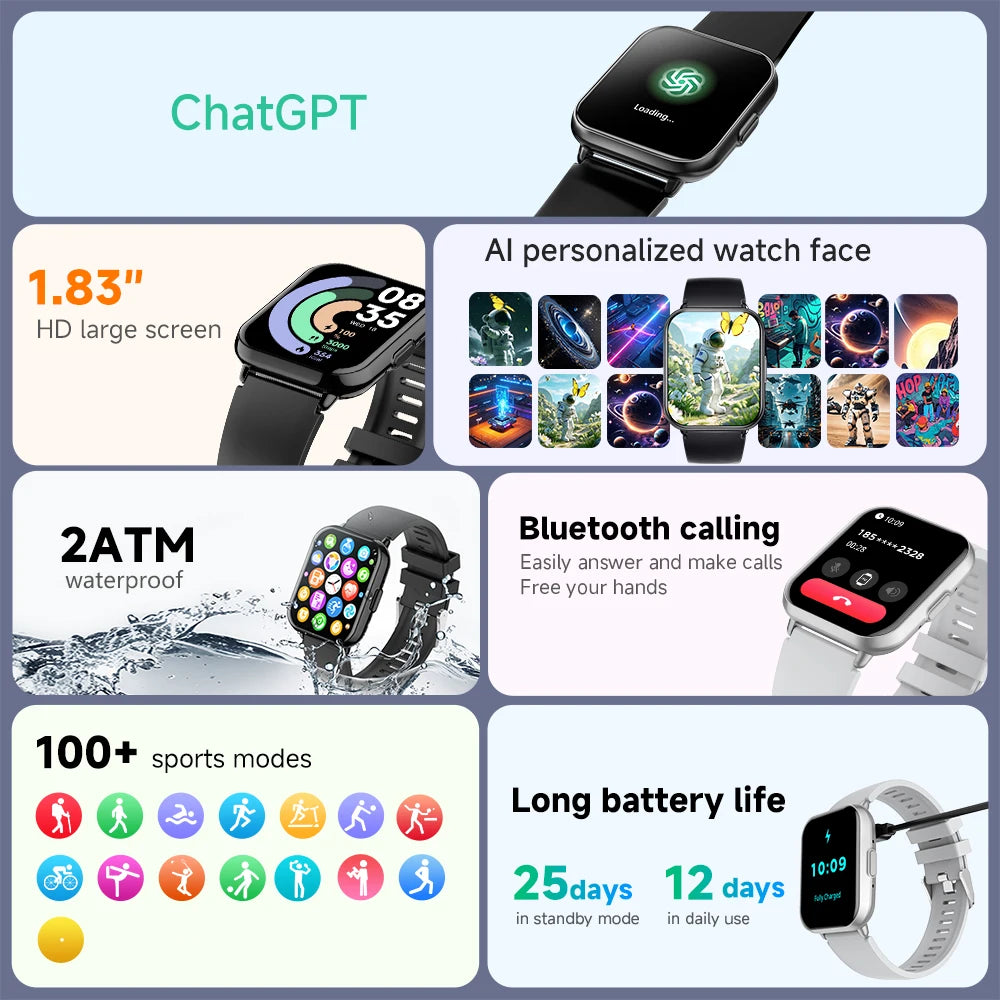 KUMI M2 Smart Watch 1.83" HD Screen ChatGPT 100+ AI Watch Faces 2ATM Bluetooth Calling 100+ Sports Modes Health Monitoring
