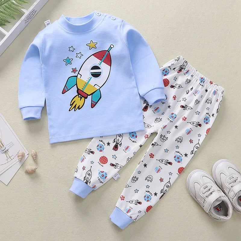 New Kids Boys Girls Pajama Sets Cartoon Print Long Sleeve Cute T-Shirt Tops with Pants Toddler Baby Sleeping Clothing Sets