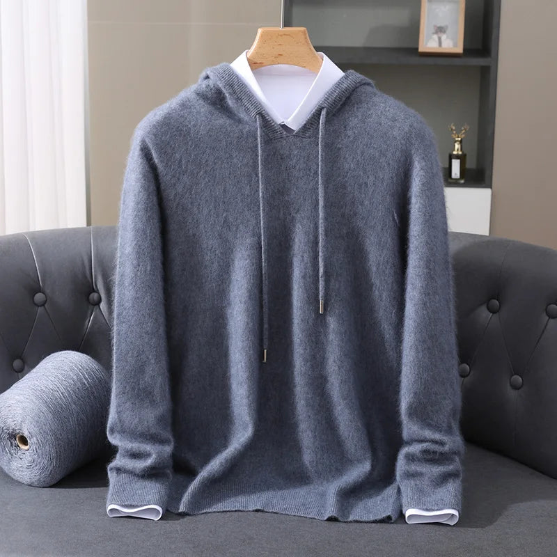 Men's Clothing: 100% Pure Mink Cashmere Knitted Sweater Casual And Loose Large-Sized Hooded Pullover Autumn Winter New Products