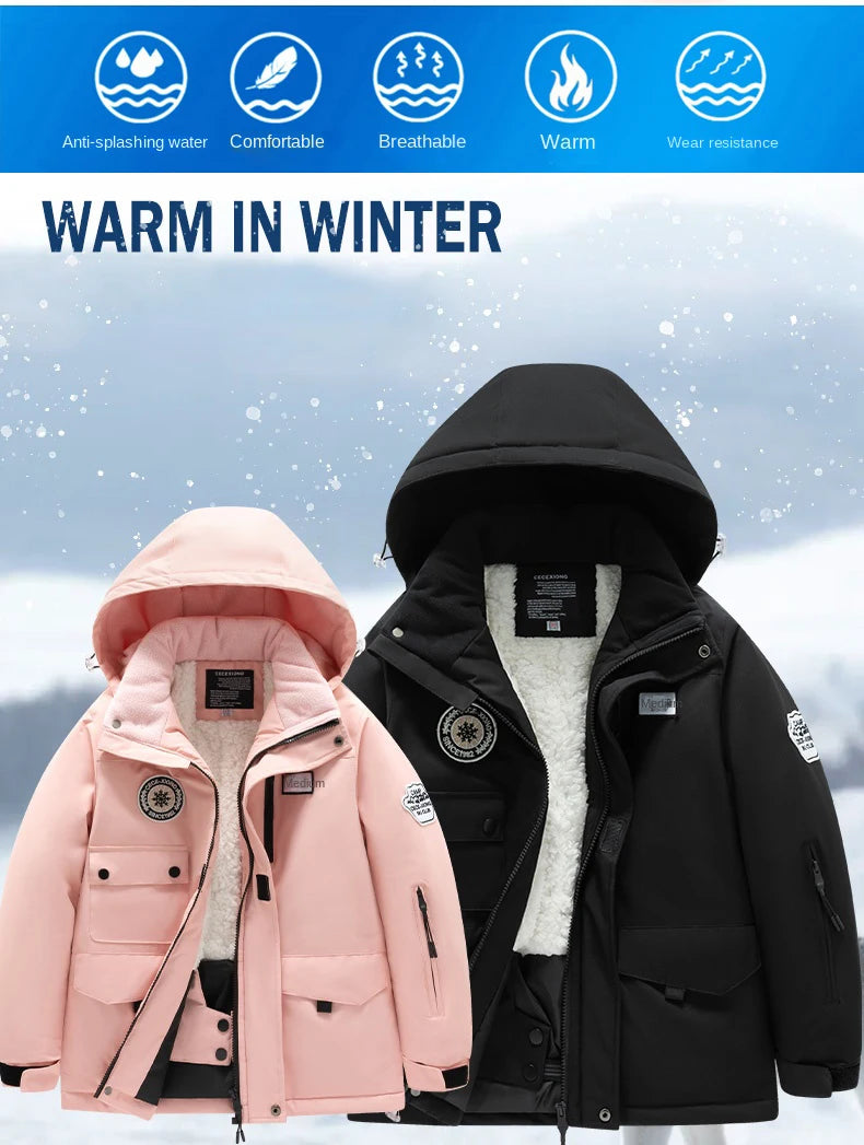Winter children's skiing suit for boys and girls, windproof and waterproof thick coat for warmth and snow playing equipment
